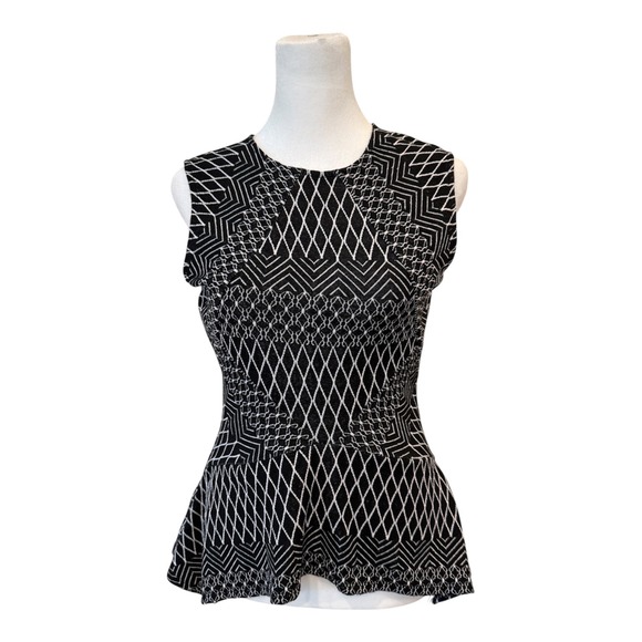 BCBGMaxAzria Tops - BCBGMAXAZRIA Black White Geometric Jacquard Knit Peplum Top Small Sleeveless